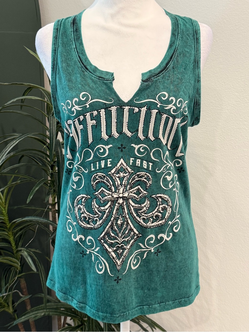 Womenโs Affliction Tank Top Green Acid Washed Top Live Fast Fleur-de-lis Graphic